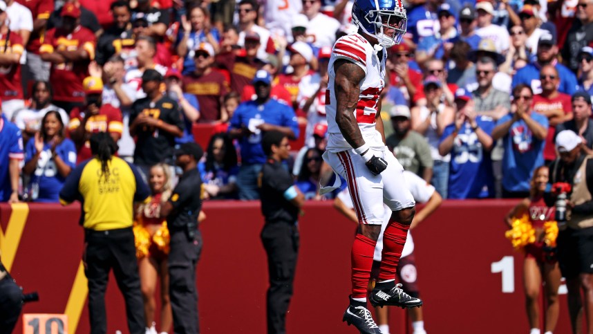 Sep 15, 2024; Landover, Maryland, USA; New York Giants cornerback Dru Phillips (22) reacts after a play during the first quarter against the Washington Commanders at Commanders Field. Mandatory Credit: Peter Casey-Imagn Images