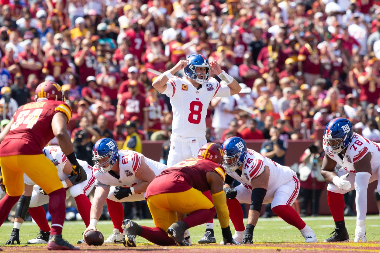 Sep 15, 2024; Landover, Maryland, USA; New York Giants quarterback Daniel Jones (8) calls a play in the first half against the New York Giants at Commanders Field. Mandatory Credit: Luke Johnson-Imagn Images