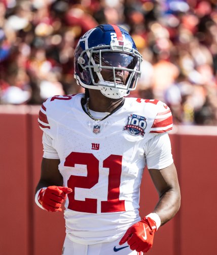 Sep 15, 2024; Landover, Maryland, USA; New York Giants Adoree' Jackson (21) runs off the field during the second half at Commanders Field. Mandatory Credit: Luke Johnson-Imagn Images