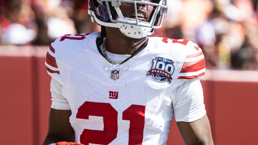 Sep 15, 2024; Landover, Maryland, USA; New York Giants Adoree' Jackson (21) runs off the field during the second half at Commanders Field. Mandatory Credit: Luke Johnson-Imagn Images