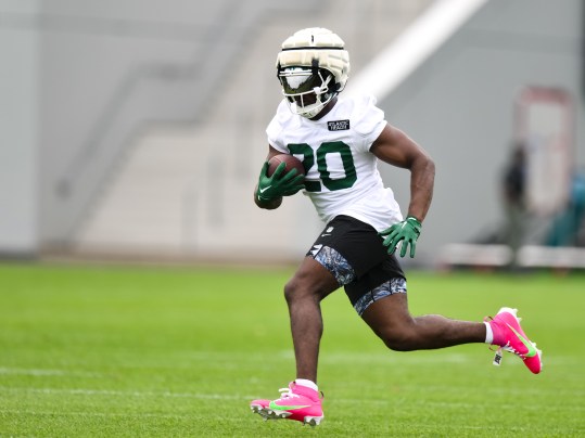 Jul 25, 2024; Florham Park, NJ, USA; New York Jets running back Breece Hall (20) participates in a drill during training camp at Atlantic Health Jets Training Center. Mandatory Credit: John Jones-Imagn Images