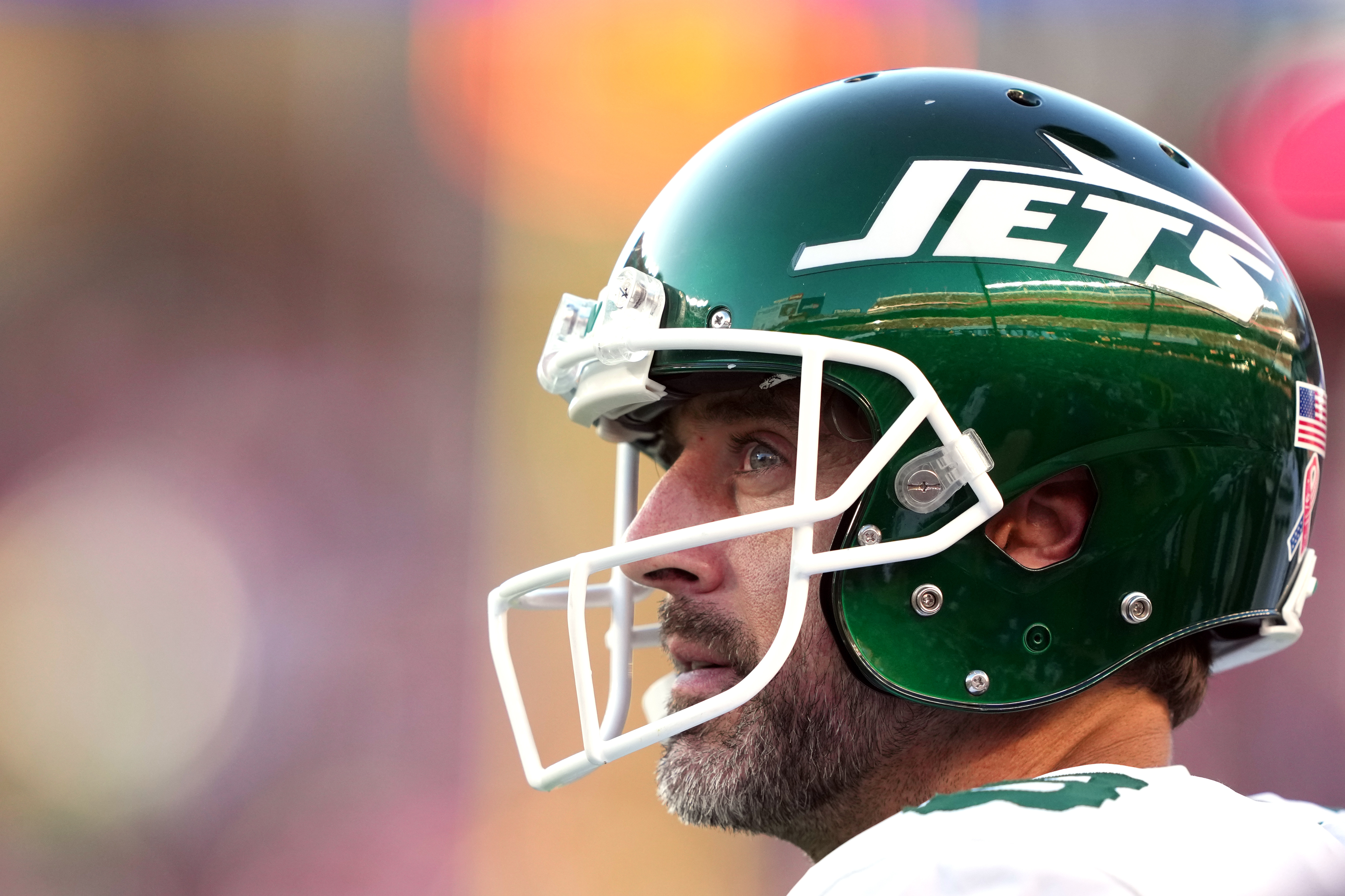 Sep 9, 2024; Santa Clara, California, USA; New York Jets quarterback Aaron Rodgers (8) stands on the sideline during the second quarter against the San Francisco 49ers at Levi's Stadium. Mandatory Credit: Darren Yamashita-Imagn Images