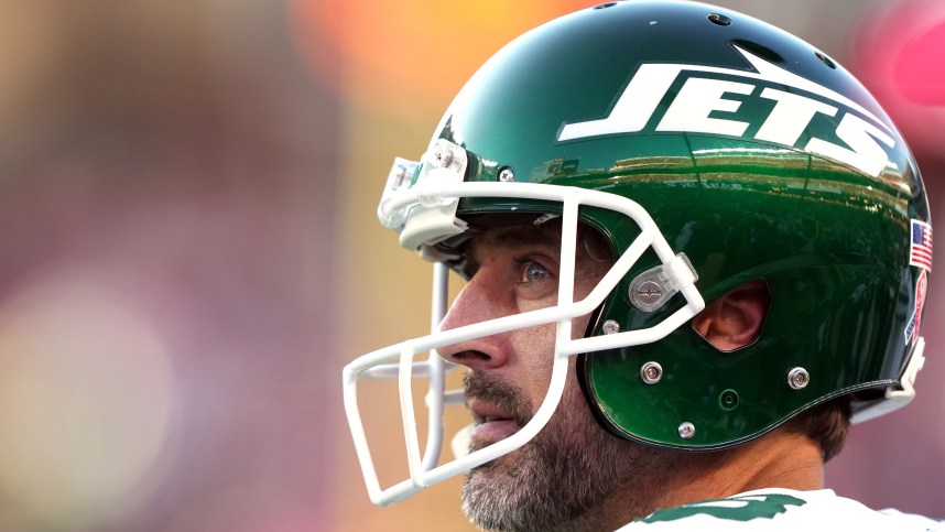 Sep 9, 2024; Santa Clara, California, USA; New York Jets quarterback Aaron Rodgers (8) stands on the sideline during the second quarter against the San Francisco 49ers at Levi's Stadium. Mandatory Credit: Darren Yamashita-Imagn Images