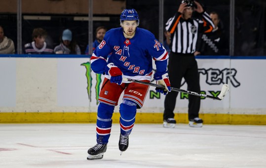 Sep 24, 2024; New York, New York, USA; New York Rangers left wing Brennan Othmann (78) skates against the New York Islanders during the first period at Madison Square Garden. Mandatory Credit: Danny Wild-Imagn Images