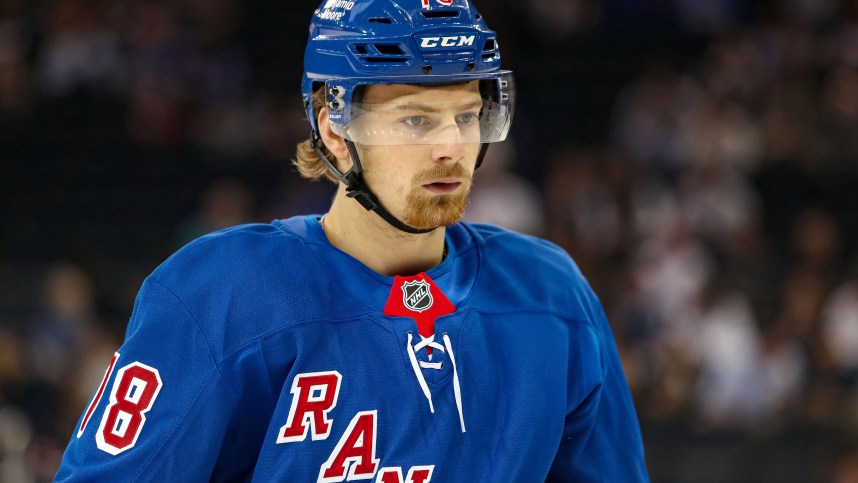 Sep 24, 2024; New York, New York, USA; New York Rangers left wing Brennan Othmann (78) skates against the New York Islanders during the first period at Madison Square Garden. Mandatory Credit: Danny Wild-Imagn Images