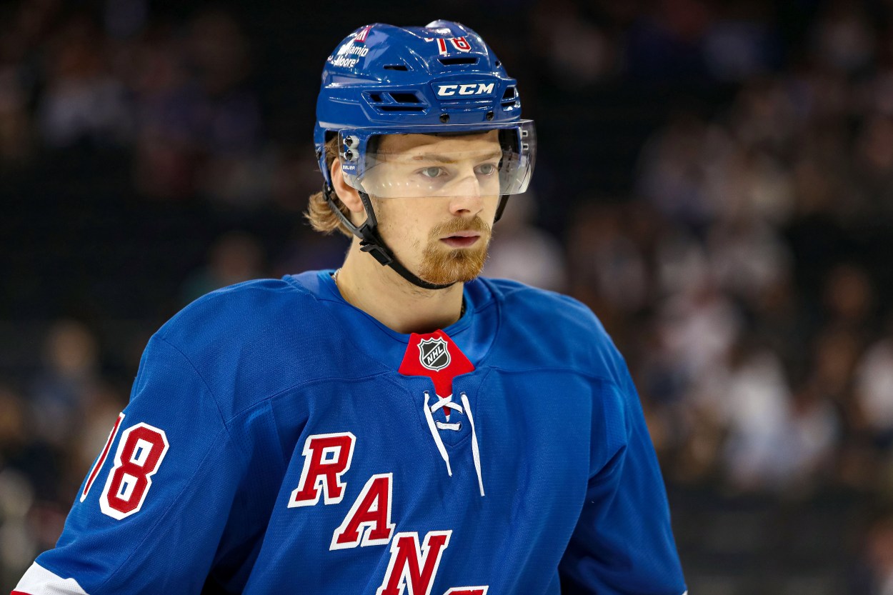 Sep 24, 2024; New York, New York, USA; New York Rangers left wing Brennan Othmann (78) skates against the New York Islanders during the first period at Madison Square Garden. Mandatory Credit: Danny Wild-Imagn Images