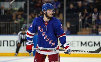 Sep 24, 2024; New York, New York, USA; New York Rangers defenseman Zac Jones (6) skates during the third period against the New York Islanders at Madison Square Garden. Mandatory Credit: Danny Wild-Imagn Images