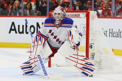 May 26, 2024; Sunrise, Florida, USA; New York Rangers goaltender Igor Shesterkin (31) tends the net against the Florida Panthers during the first period in game three of the Eastern Conference Final of the 2024 Stanley Cup Playoffs at Amerant Bank Arena. Mandatory Credit: Sam Navarro-Imagn Images