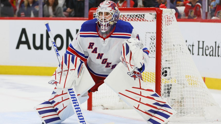 May 26, 2024; Sunrise, Florida, USA; New York Rangers goaltender Igor Shesterkin (31) tends the net against the Florida Panthers during the first period in game three of the Eastern Conference Final of the 2024 Stanley Cup Playoffs at Amerant Bank Arena. Mandatory Credit: Sam Navarro-Imagn Images