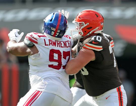 Cleveland Browns guard Zak Zinter (70) works against New York Giants defensive tackle Dexter Lawrence II (97) during the second half of an NFL football game at Huntington Bank Field, Sunday, Sept. 22, 2024, in Cleveland, Ohio.