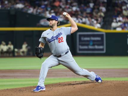 Los Angeles Dodgers pitcher Clayton Kershaw (22) delivers a pitch on Aug. 30, 2024 at Chase Field in Phoenix.