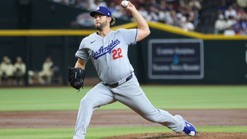 Los Angeles Dodgers pitcher Clayton Kershaw (22) delivers a pitch on Aug. 30, 2024 at Chase Field in Phoenix.