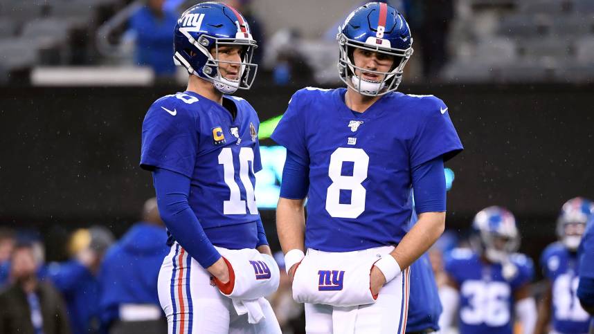 New York Giants quarterbacks Eli Manning (10) and Daniel Jones (8) on the field for pregame warmups on Sunday, Dec. 29, 2019, in East Rutherford.