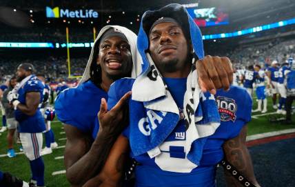 New York Giants cornerback Deonte Banks (3) and New York Giants wide receiver Malik Nabers (9) are shown on the field at MetLIfe Stadium, after the game, Thursday, August 8 2024, in East Rutherford.