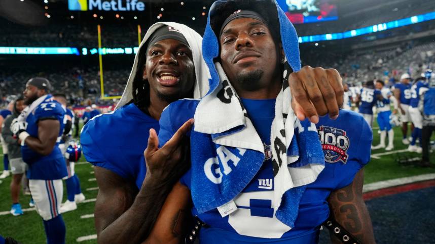 New York Giants cornerback Deonte Banks (3) and New York Giants wide receiver Malik Nabers (9) are shown on the field at MetLIfe Stadium, after the game, Thursday, August 8 2024, in East Rutherford.