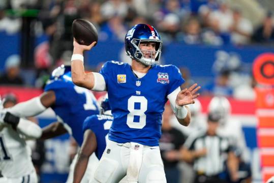 Sep 26, 2024; East Rutherford, NJ, US; New York Giants quarterback Daniel Jones (8) passes the ball in the second quarter at MetLife Stadium. Mandatory Credit: Julian Guadalupe-NorthJersey.com