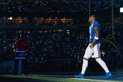 Sep 26, 2024; East Rutherford, NJ, US; New York Giants wide receiver Malik Nabers (1) walks onto the field prior to the start of the game at MetLife Stadium. Mandatory Credit: Julian Guadalupe-NorthJersey.com