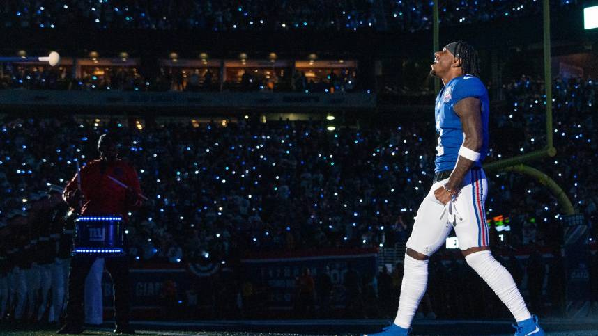 Sep 26, 2024; East Rutherford, NJ, US; New York Giants wide receiver Malik Nabers (1) walks onto the field prior to the start of the game at MetLife Stadium. Mandatory Credit: Julian Guadalupe-NorthJersey.com