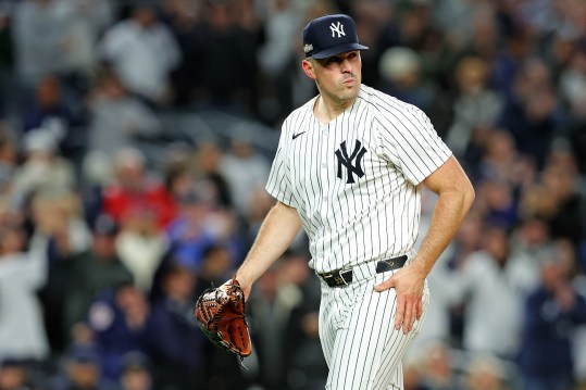 Oct 14, 2024; Bronx, New York, USA; New York Yankees pitcher Carlos Rodón (55) reacts after the first inning against the Cleveland Guardians in game one of the ALCS for the 2024 MLB Playoffs at Yankee Stadium. Mandatory Credit: Brad Penner-Imagn Images