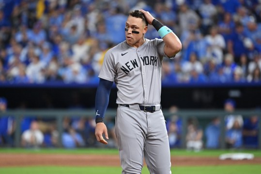 Oct 9, 2024; Kansas City, Missouri, USA; New York Yankees outfielder Aaron Judge (99) reacts in the fifth inning against the Kansas City Royals in game three of the NLDS for the 2024 MLB Playoffs at Kauffman Stadium. Mandatory attribution: Peter Aiken-Imagn Images