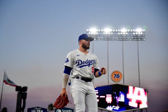 Sep 9, 2024; Los Angeles, California, USA; Los Angeles Dodgers second baseman Gavin Lux (9) before playing against the Chicago Cubs at Dodger Stadium. Mandatory Credit: Gary A. Vasquez-Imagn Images