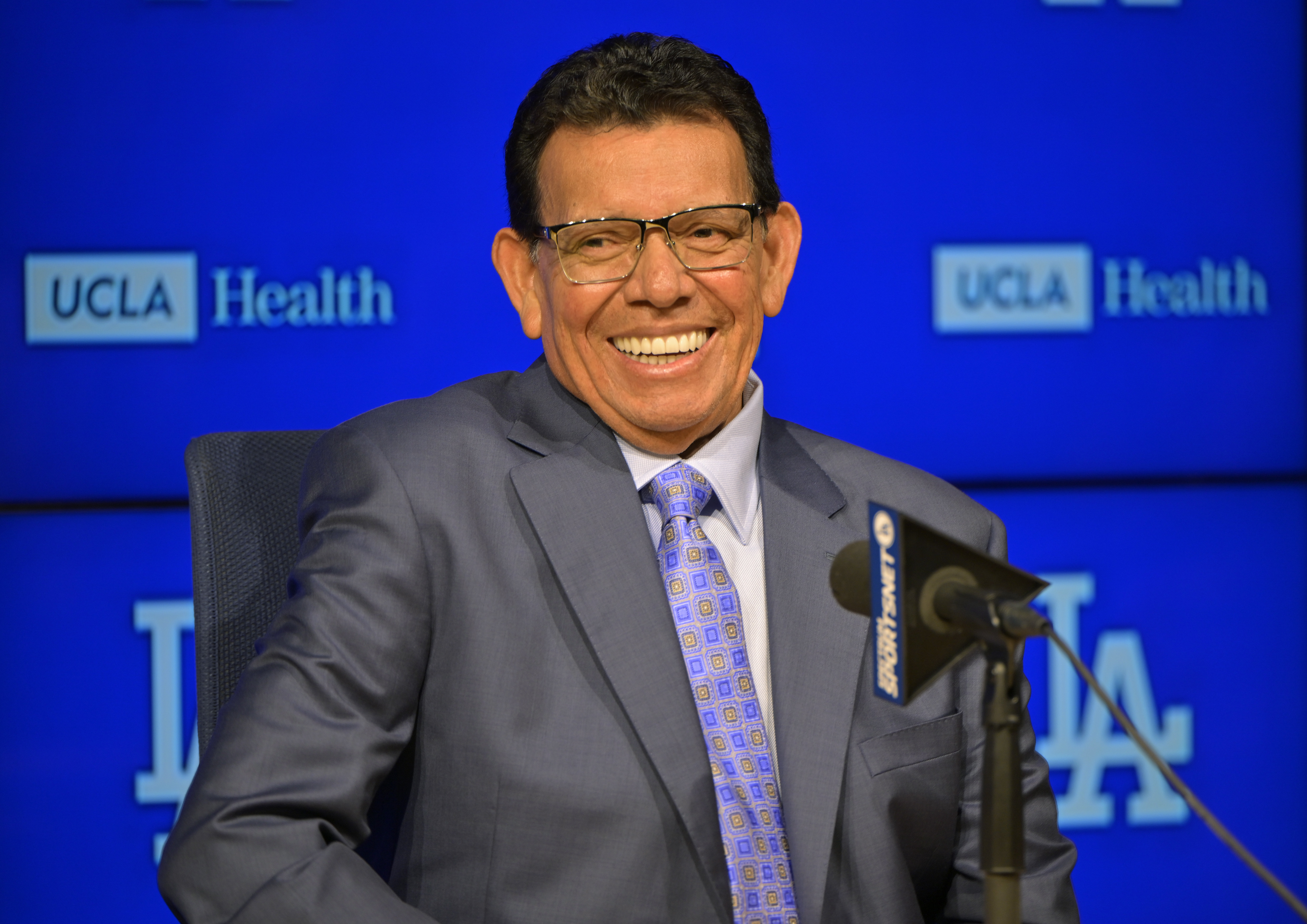 Aug 11, 2023; Los Angeles, California, USA;  Los Angeles Dodgers pitcher Fernando Valenzuela (34) speaks during a news conference prior to his jersey retirement ceremony at Dodger Stadium. Mandatory Credit: Jayne Kamin-Oncea-Imagn Images