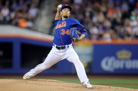 Jul 15, 2023; New York City, New York, USA; New York Mets starting pitcher Kodai Senga (34) pitches against the Los Angeles Dodgers during the second inning at Citi Field. Mandatory Credit: Brad Penner-Imagn Images