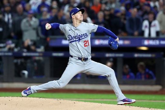 Oct 16, 2024; New York City, New York, USA; Los Angeles Dodgers pitcher Walker Buehler (21) throws a pitch against the New York Mets in the first inning during game three of the NLCS for the 2024 MLB playoffs at Citi Field. Mandatory Credit: Wendell Cruz-Imagn Images