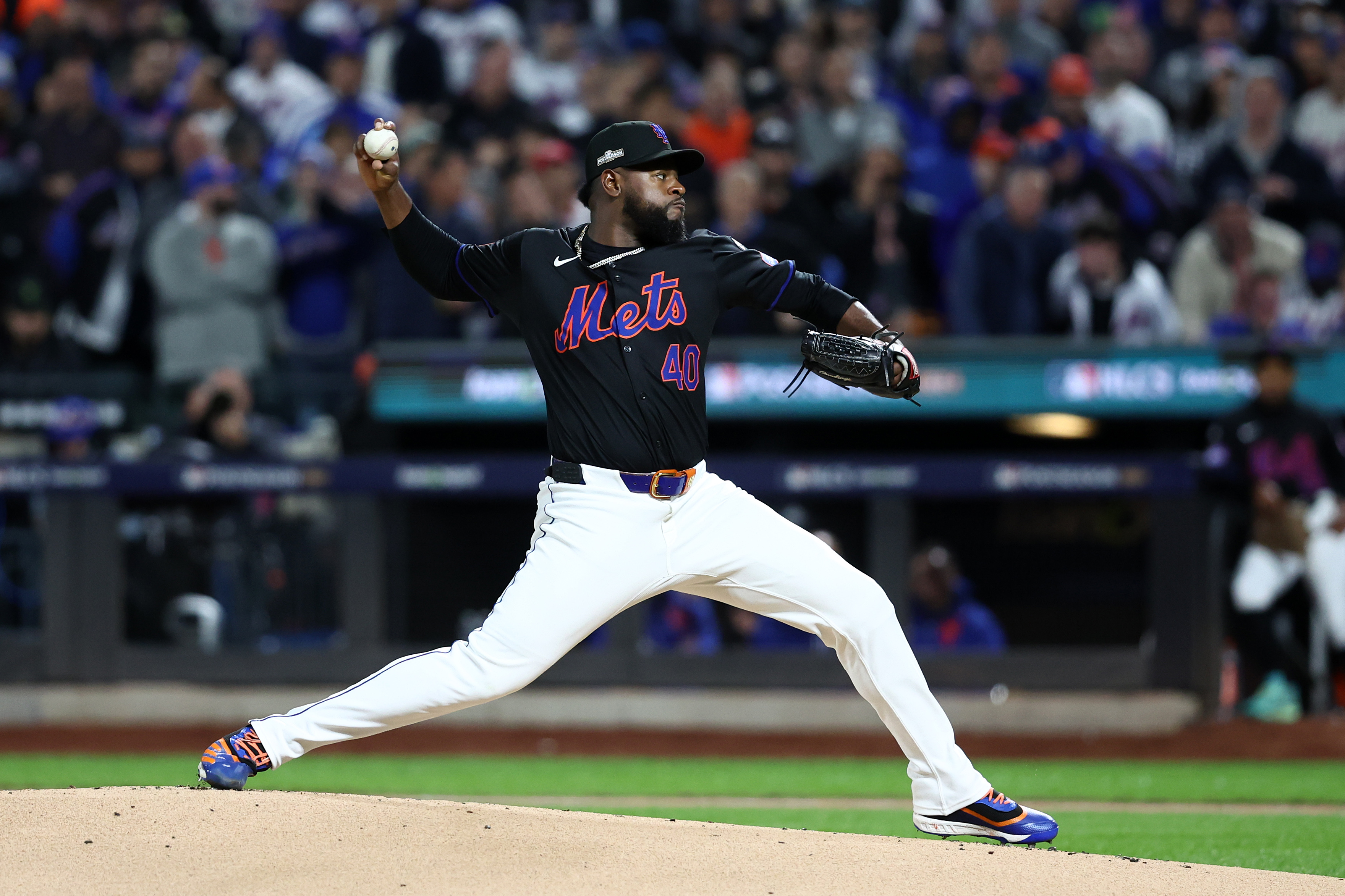 Oct 16, 2024; New York City, New York, USA; New York Mets pitcher Luis Severino (40) throws a pitch against the Los Angeles Dodgers in the first inning during game three of the NLCS for the 2024 MLB playoffs at Citi Field. Mandatory Credit: Wendell Cruz-Imagn Images