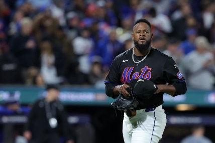 Oct 16, 2024; New York City, New York, USA; New York Mets pitcher Luis Severino (40) reacts after an out against the Los Angeles Dodgers in the fifth inning during game three of the NLCS for the 2024 MLB playoffs at Citi Field. Mandatory Credit: Brad Penner-Imagn Images