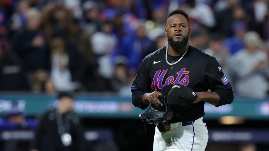 Oct 16, 2024; New York City, New York, USA; New York Mets pitcher Luis Severino (40) reacts after an out against the Los Angeles Dodgers in the fifth inning during game three of the NLCS for the 2024 MLB playoffs at Citi Field. Mandatory Credit: Brad Penner-Imagn Images