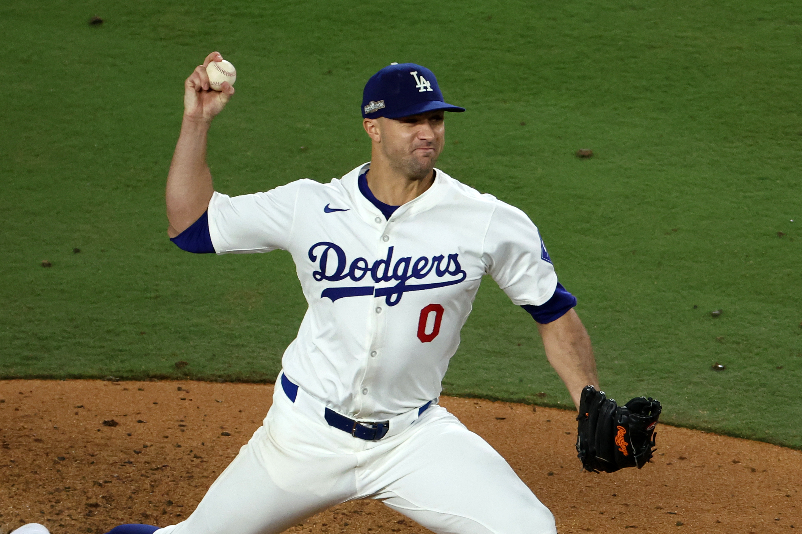 Oct 13, 2024; Los Angeles, California, USA; Los Angeles Dodgers (New York Yankees) pitcher Jack Flaherty (0) throws a pitch against the New York Mets in the fifth inning during game one of the NLCS for the 2024 MLB Playoffs at Dodger Stadium. Mandatory Credit: Kiyoshi Mio-Imagn Images