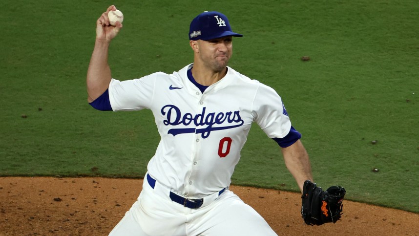 Oct 13, 2024; Los Angeles, California, USA; Los Angeles Dodgers (New York Yankees) pitcher Jack Flaherty (0) throws a pitch against the New York Mets in the fifth inning during game one of the NLCS for the 2024 MLB Playoffs at Dodger Stadium. Mandatory Credit: Kiyoshi Mio-Imagn Images