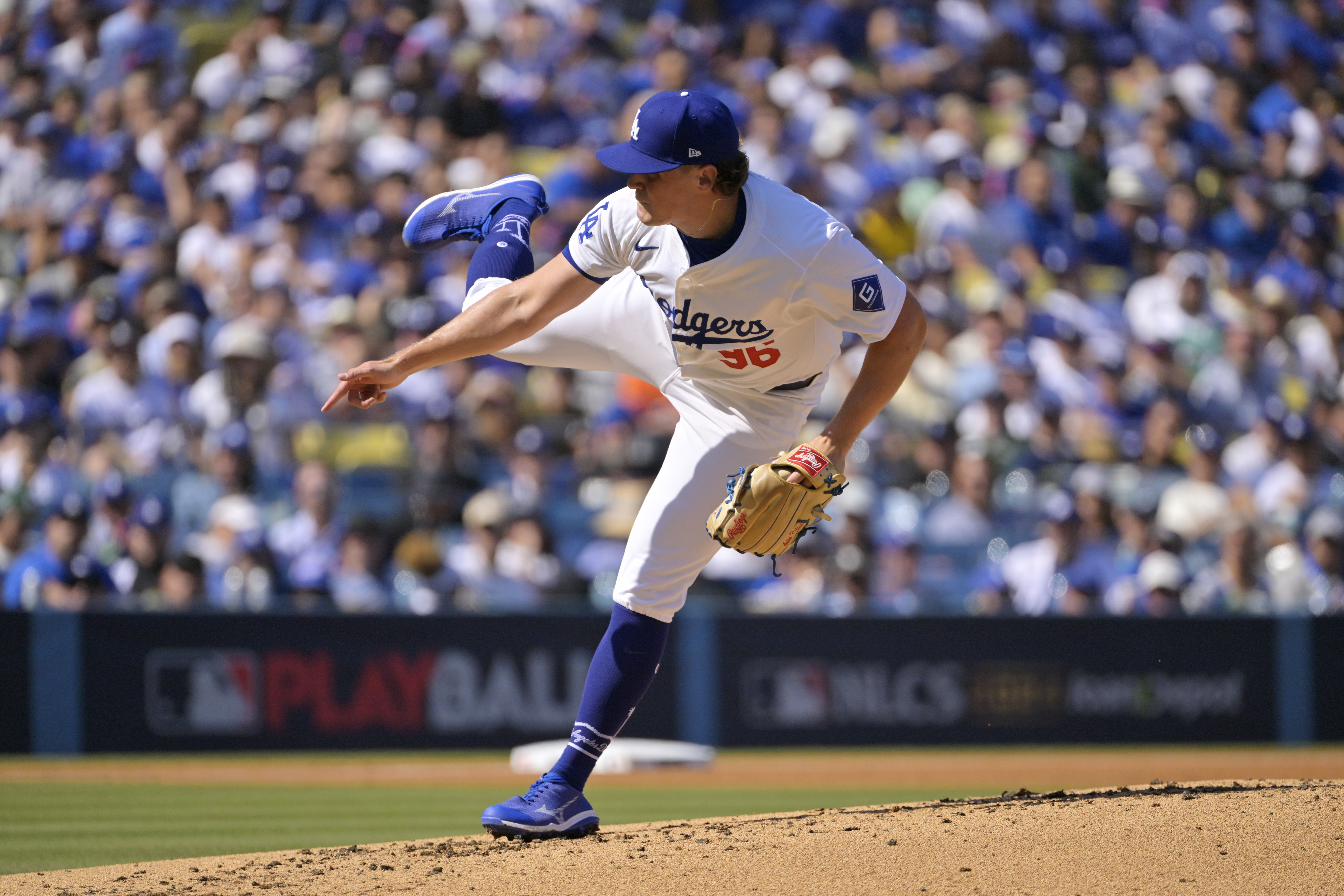 Oct 14, 2024; Los Angeles, California, USA; Los Angeles Dodgers pitcher Landon Knack (96) pitches against the New York Mets in the second inning during game two of the NLCS for the 2024 MLB Playoffs at Dodger Stadium. Mandatory Credit: Jayne Kamin-Oncea-Imagn Images