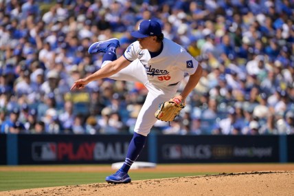 Oct 14, 2024; Los Angeles, California, USA; Los Angeles Dodgers pitcher Landon Knack (96) pitches against the New York Mets in the second inning during game two of the NLCS for the 2024 MLB Playoffs at Dodger Stadium. Mandatory Credit: Jayne Kamin-Oncea-Imagn Images