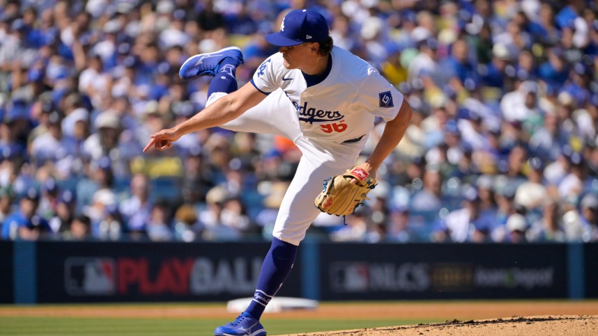 Oct 14, 2024; Los Angeles, California, USA; Los Angeles Dodgers pitcher Landon Knack (96) pitches against the New York Mets in the second inning during game two of the NLCS for the 2024 MLB Playoffs at Dodger Stadium. Mandatory Credit: Jayne Kamin-Oncea-Imagn Images