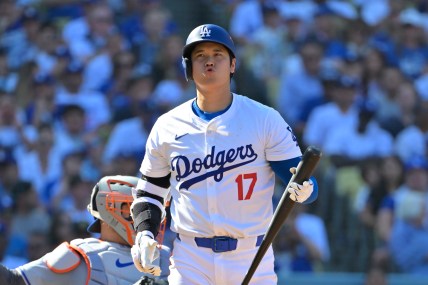 Oct 14, 2024; Los Angeles, California, USA; Los Angeles Dodgers designated hitter Shohei Ohtani (17) reacts after flying out against the New York Mets in the fifth inning during game two of the NLCS for the 2024 MLB Playoffs at Dodger Stadium. Mandatory Credit: Jayne Kamin-Oncea-Imagn Images