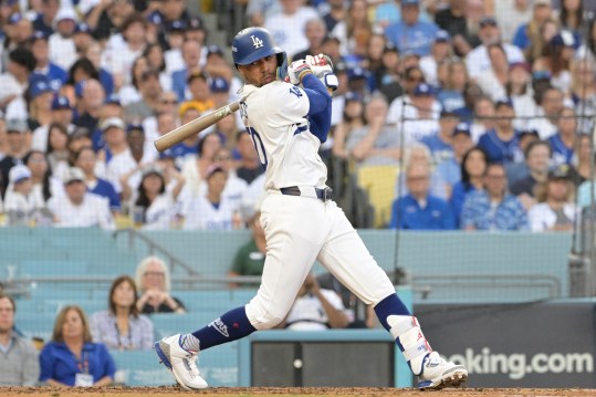 Oct 6, 2024; Los Angeles, California, USA; Los Angeles Dodgers shortstop Mookie Betts (50) strikes out in the fourth inning against the San Diego Padres during game two of the NLDS for the 2024 MLB Playoffs at Dodger Stadium. Mandatory Credit: Jayne Kamin-Oncea-Imagn Images