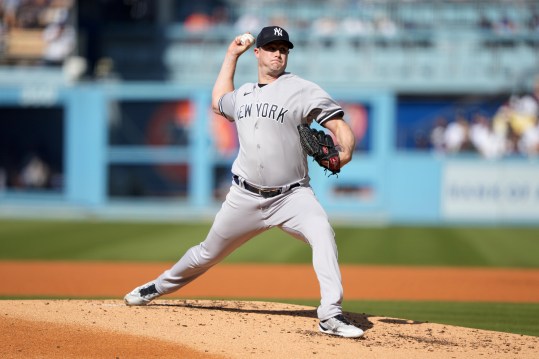 Jun 3, 2023; Los Angeles, California, USA; New York Yankees starting pitcher Gerrit Cole (45) throws in the second inning against the Los Angeles Dodgers at Dodger Stadium. Mandatory Credit: Kirby Lee-Imagn Images