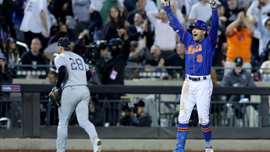 Jun 14, 2023; New York City, New York, USA; New York Mets center fielder Brandon Nimmo (9) celebrates after hitting a tenth inning walkoff double against the New York Yankees at Citi Field. Mandatory Credit: Brad Penner-Imagn Images