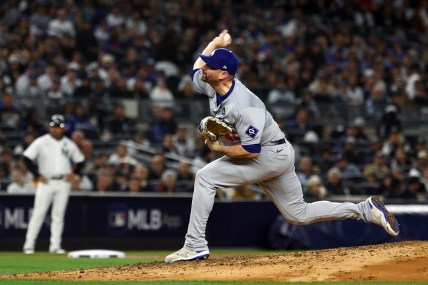 Oct 29, 2024; Bronx, New York, USA; Los Angeles Dodgers pitcher Daniel Hudson (41) throws a pitch against the New York Yankees in the third inning during game four of the 2024 MLB World Series at Yankee Stadium. Mandatory Credit: Vincent Carchietta-Imagn Images