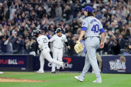 Oct 29, 2024; New York, New York, USA; Los Angeles Dodgers pitcher Brent Honeywell (40) reacts after giving up a three-run home run to New York Yankees second baseman Gleyber Torres (25) during the eighth inning in game four of the 2024 MLB World Series at Yankee Stadium. Mandatory Credit: Brad Penner-Imagn Images