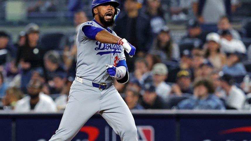 Oct 30, 2024; New York, New York, USA; Los Angeles Dodgers outfielder Teoscar Hernandez (37) celebrates after hitting a single during the ninth inning against the New York Yankees in game four of the 2024 MLB World Series at Yankee Stadium. Mandatory Credit: Brad Penner-Imagn Images