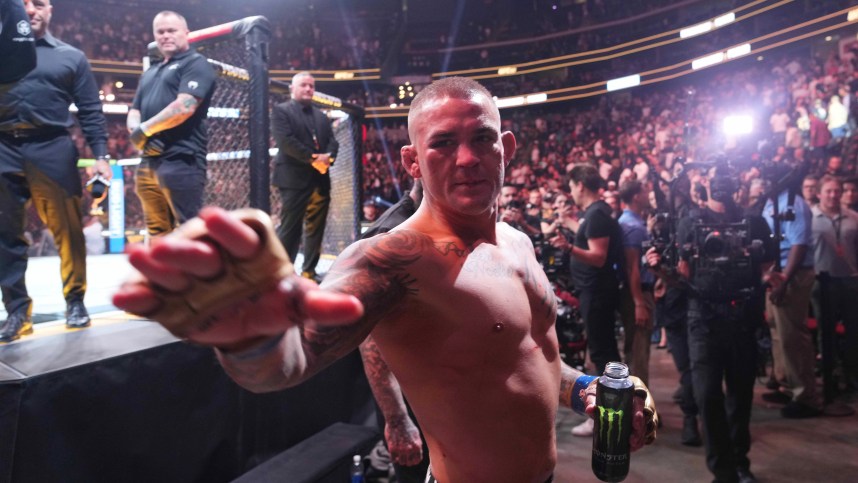 Jun 1, 2024; Newark, New Jersey, USA; Dustin Poirier (blue gloves) after the fight against Islam Makhachev (red gloves) during UFC 302 at Prudential Center. Mandatory Credit: Joe Camporeale-Imagn Images