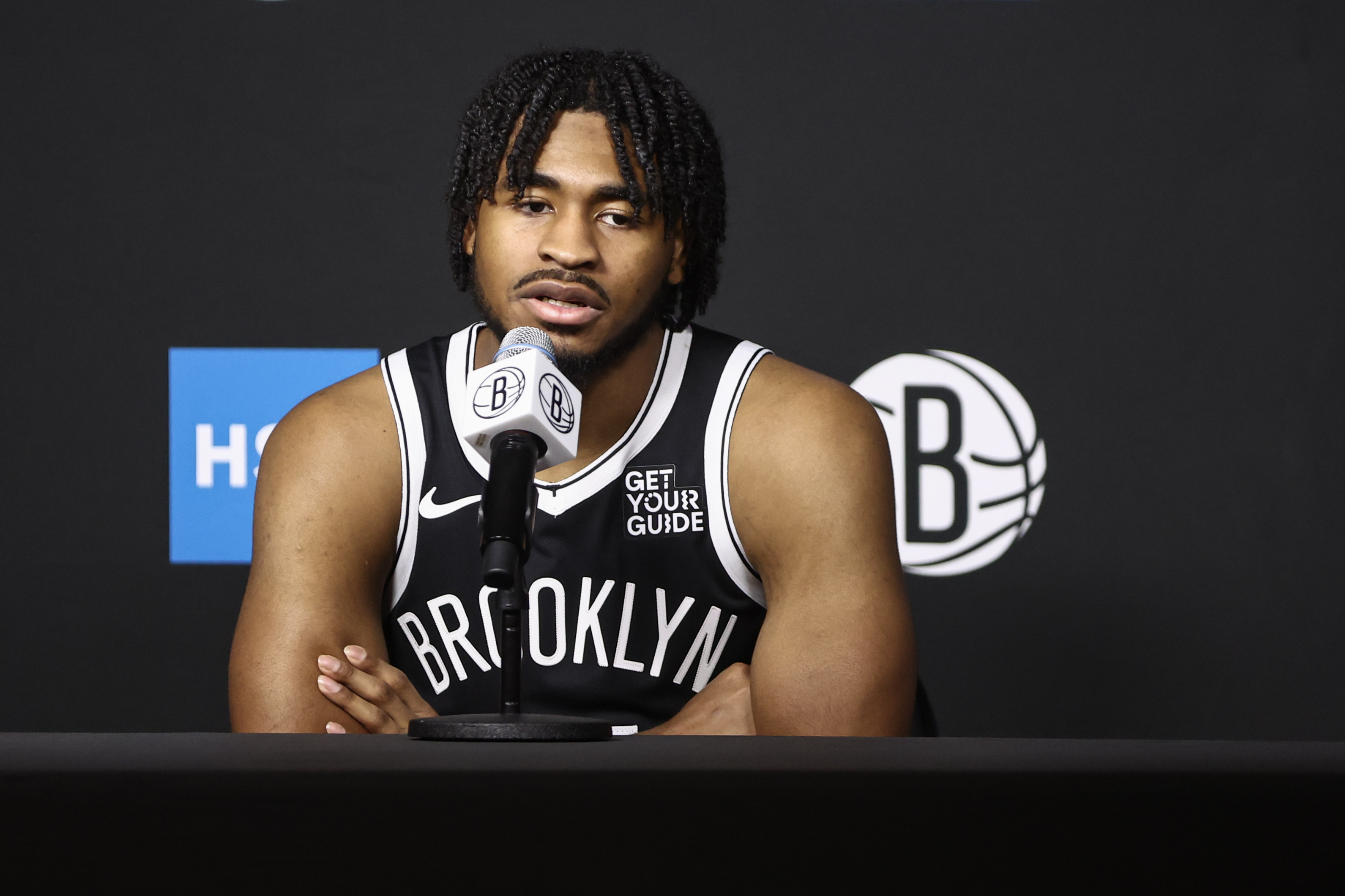 Sep 30, 2024; Brooklyn, NY, USA;  Brooklyn Nets guard Cam Thomas (24) at Brooklyn Nets Media Day at HSS Training Center. Mandatory Credit: Wendell Cruz-Imagn Images