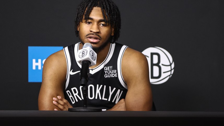 Sep 30, 2024; Brooklyn, NY, USA;  Brooklyn Nets guard Cam Thomas (24) at Brooklyn Nets Media Day at HSS Training Center. Mandatory Credit: Wendell Cruz-Imagn Images