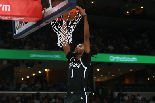 Oct 30, 2024; Memphis, Tennessee, USA; Brooklyn Nets forward Ziaire Williams (1) dunks during the first halfagainst the Memphis Grizzlies at FedExForum. Mandatory Credit: Petre Thomas-Imagn Images