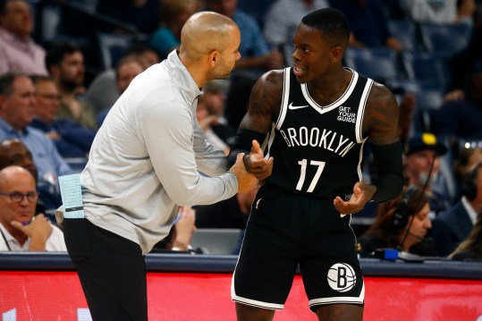 Oct 30, 2024; Memphis, Tennessee, USA; Brooklyn Nets head coach Jordi Fernandez talks with guard Dennis Schroder (17) during the second half against the Memphis Grizzlies at FedExForum. Mandatory Credit: Petre Thomas-Imagn Images