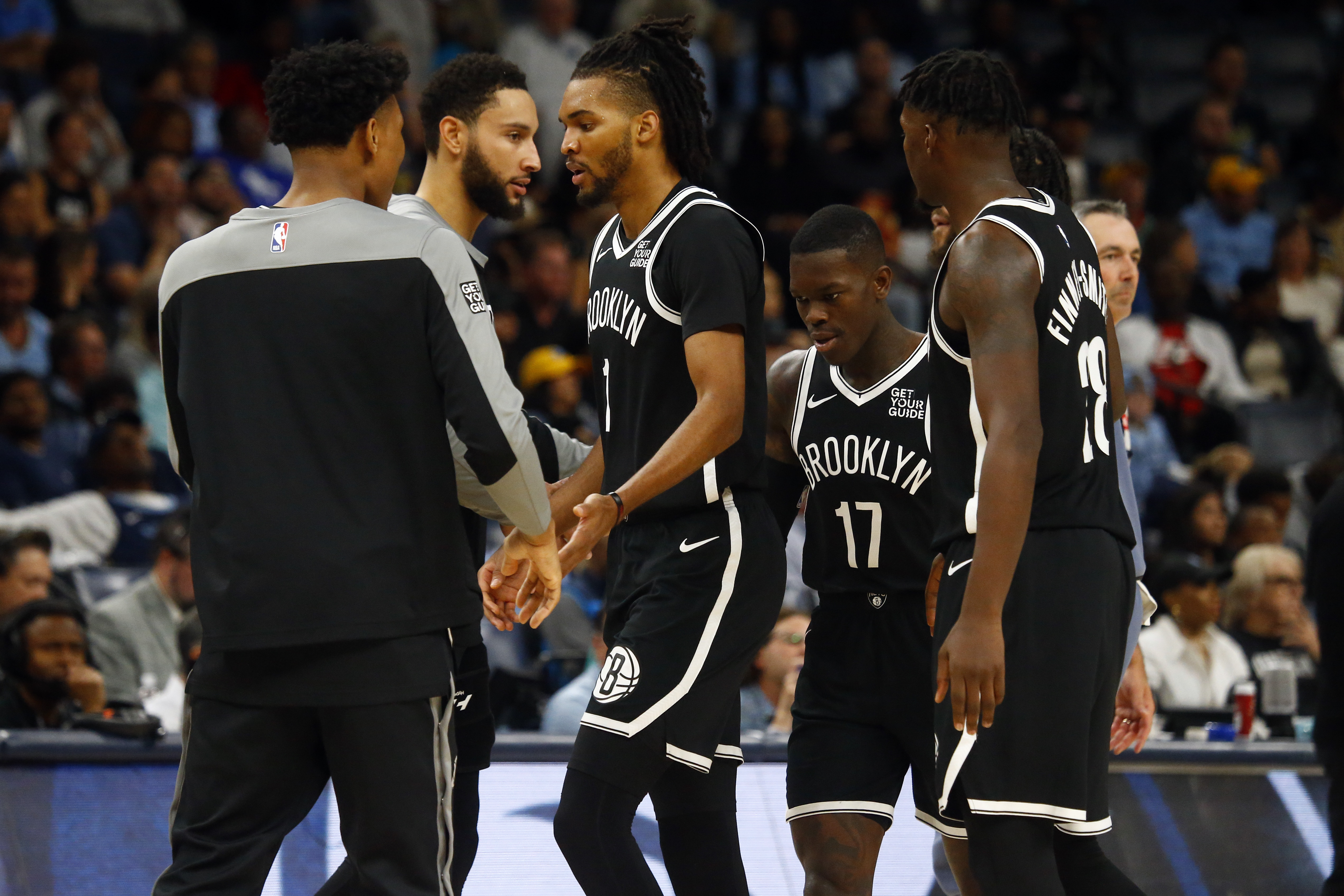 Oct 30, 2024; Memphis, Tennessee, USA; Brooklyn Nets forward Ziaire Williams (1) reacts with teammates as he walks toward the bench during the second half against the Memphis Grizzlies at FedExForum. Mandatory Credit: Petre Thomas-Imagn Images