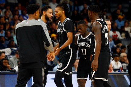 Oct 30, 2024; Memphis, Tennessee, USA; Brooklyn Nets forward Ziaire Williams (1) reacts with teammates as he walks toward the bench during the second half against the Memphis Grizzlies at FedExForum. Mandatory Credit: Petre Thomas-Imagn Images